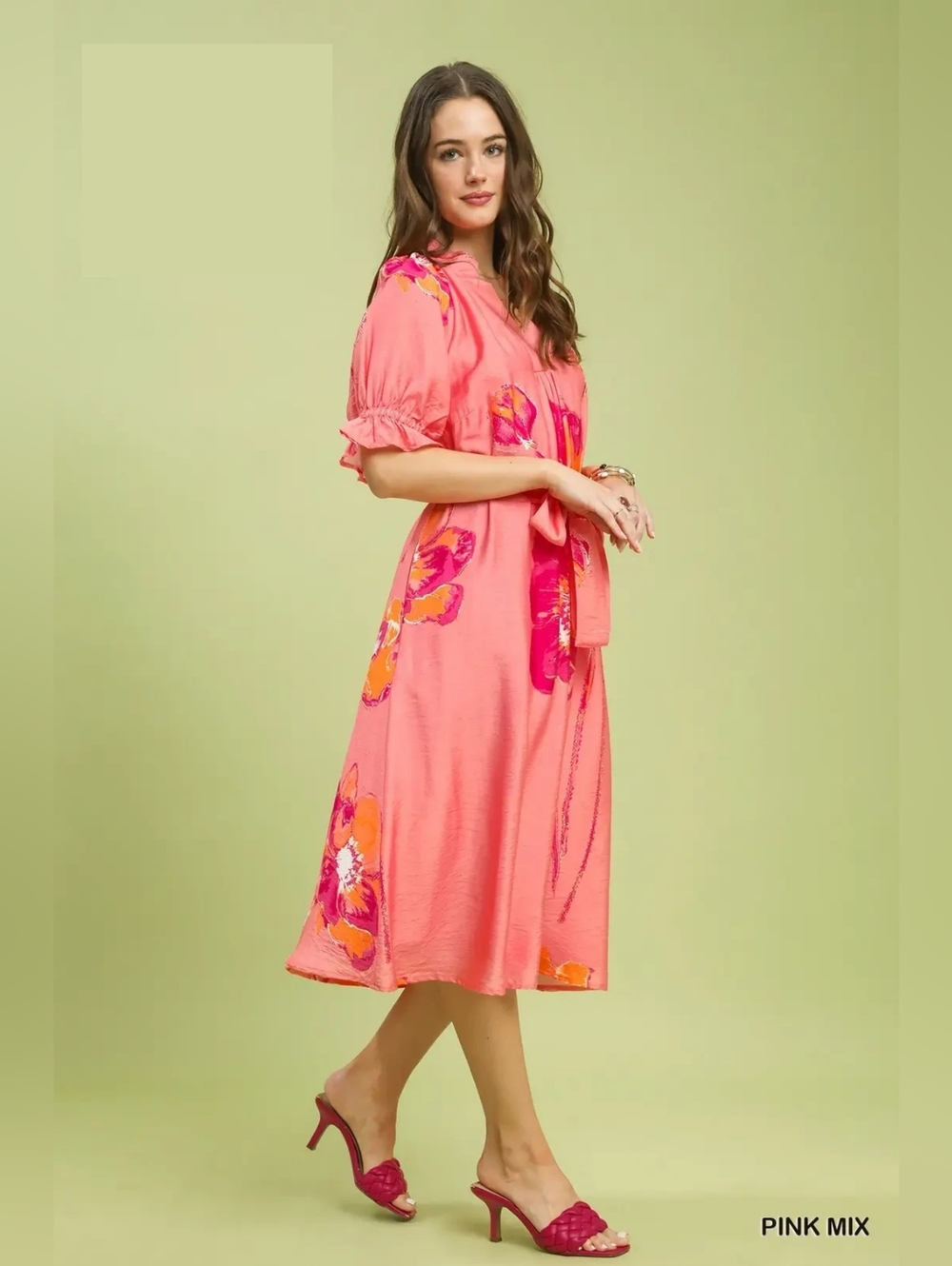 New Arrival!! Umgee Floral Flounce Sleeve Midi Dress with Belted - Picture 4 of 9
